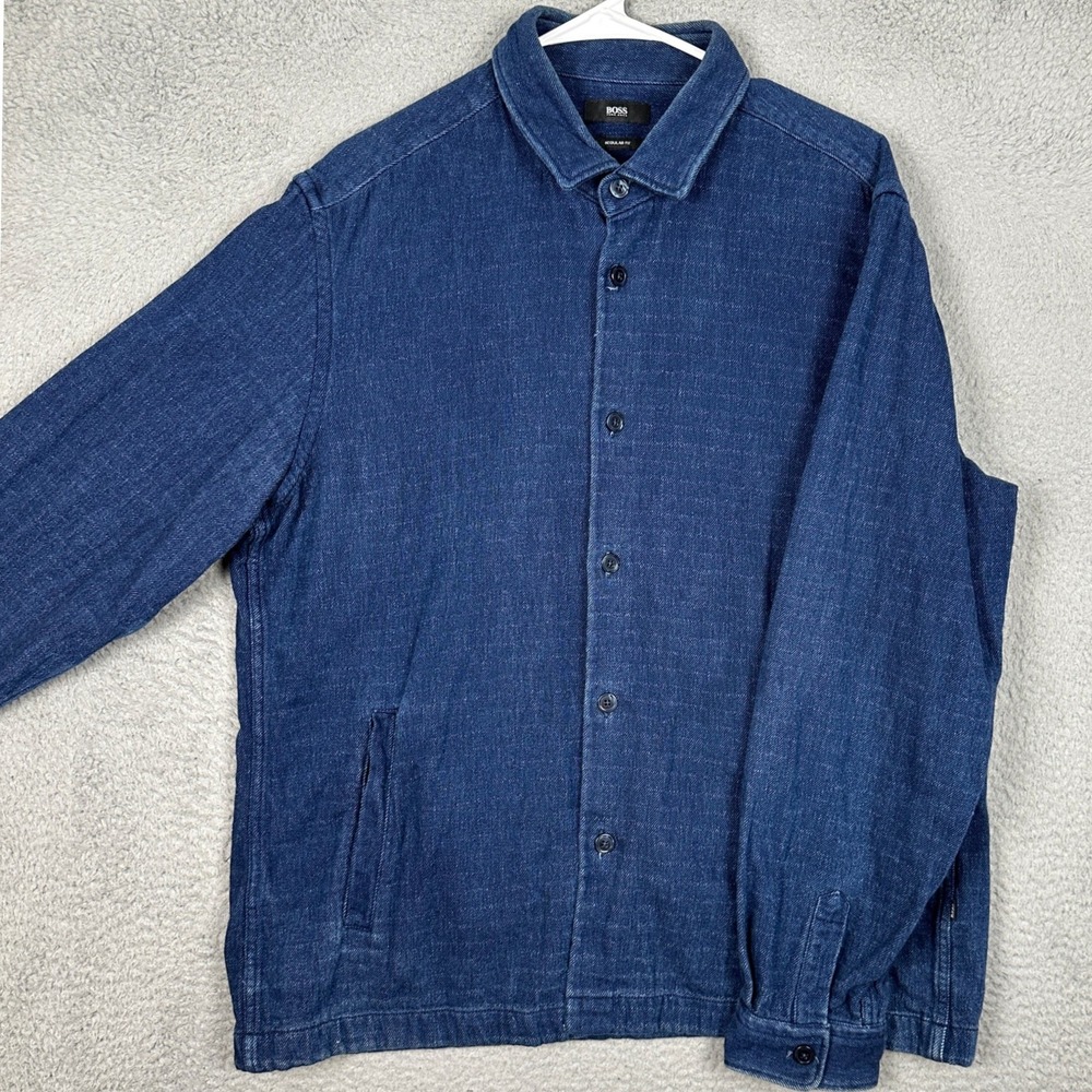 Hugo Boss Jacket Mens XL Regular Fit Blue Denim Button Down Stretch Long Sleeve